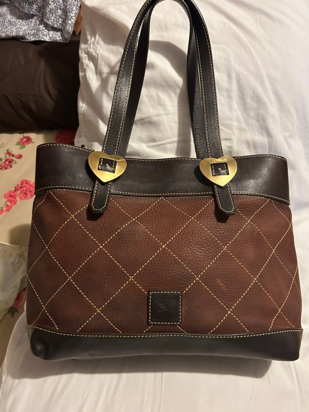 Dooney & Bourke Brown and Dark Brown Quilted Tote with Gold Heart Hardware